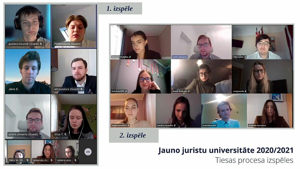 JJU dalībnieki un Latvian Moot Association pārstāvji tiesas procesa izspēlē tiešsaistē